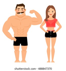 Man and woman muscular couple. Male and female young fitness athletes isolated on white background. Vector illustration