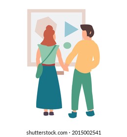 Man and woman in museum of modern art. Museum exibits Flat vector illustration on white background