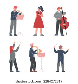 Man and Woman Musician Character Playing Musical Instrument and Conducting Orchestra Vector Set