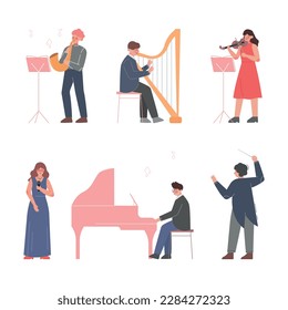 Personaje musical masculino y femenino en instrumentos musicales y en orquesta