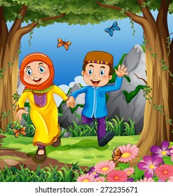 Man and woman muslims holding hands in the jungle