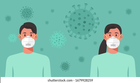 man and woman with n95 mask stay at home to prevent from virus spreading, flu prevention, coronavirus or covid-19, social isolation and self quarantine concept, character cartoon vector