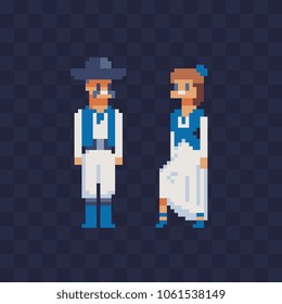 Man and woman with the national costume of Argentina male and female character in traditional clothes pixel art  isolated vector illustration. Game assets 8-bit sprite. Design for stickers, logo, app.