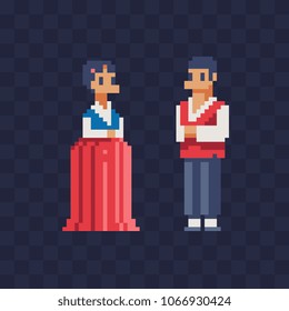 Man and woman with the national costume of Korea pixel art icon male and female character in traditional Korean clothes isolated vector illustration. 8-bit. Design for stickers, logo, app.