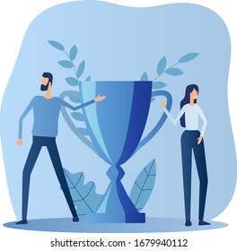 A man and a woman near the Cup. The concept of victory , achievements and performance evaluation.Flat vector illustration.