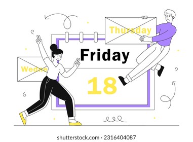 Man and woman near friday concept. Characters near calendar, employees celebrate end of working week. Weekends and rest. Worker excited with days off at workplace. Linear flat vector illustration