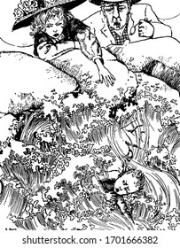 A man and woman near rock looking at child in the water, vintage line drawing or engraving illustration
