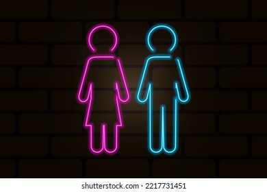 man woman neon wall. Gender icon. Wc sign symbol. Vector illustration. stock image. 
