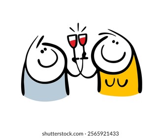 Man and  woman at a New Year's Eve party clink glasses and drink on a bruderschaft. Vector illustration of a satisfied stickman and an alcoholic drink. Red wine and a celebration, an intimate meeti