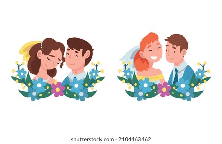 Man and Woman Newlywed Couple and Spouse with Semicircle Flower Composition Vector Set