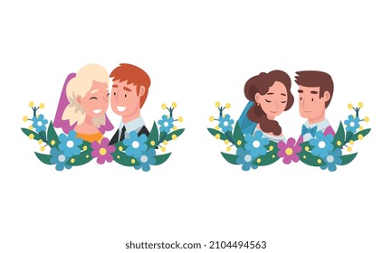 Man and Woman Newlywed Couple and Spouse with Semicircle Flower Composition Vector Set