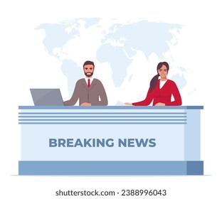 Man and woman in news room. Couple news anchors reporting news in TV studio production presenters on breaking news with world map background. Vector illustration