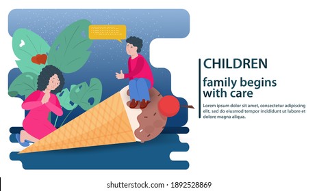 a man and a woman are next to a large ice cream, in a waffle Cup, a concept for the design of banners and websites and postcards, vector flat illustration