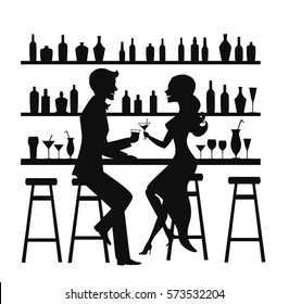 Man And Woman Night Out Date, Romantic Elegant Couple Sitting At The Bar Counter, Drinking Cocktails Silhouette Vector Illustration