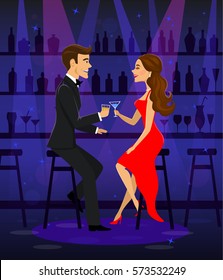 Man and woman night out date, romantic elegant couple sitting at the bar counter, drinking cocktails