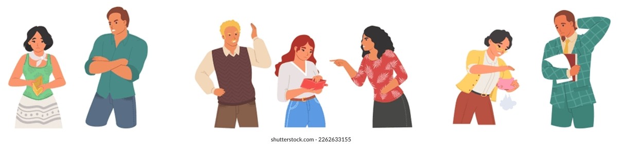 Man and woman no money vector set. People holding empty wallet. Aggressive parent and stressed poor daughter, unemployed employee without savings, sad wife showing purse to husband illustration