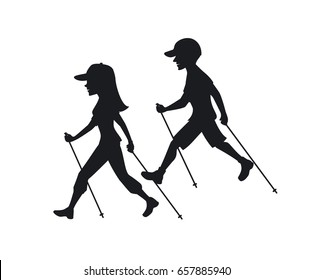 man and woman nordic walking, exercising silhouettes 