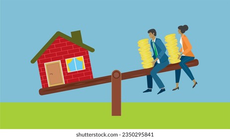 Man and woman with not enough money to pay for living. Sitting on teeter board. Dimension 16:9. Vector illustration.