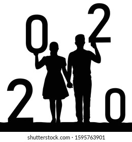 Man and woman with number 2020 in happy new year concept silhouette vector on white background