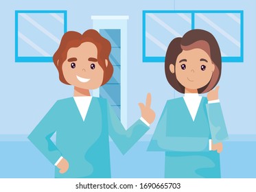 Man and woman nurses vector illustration card design