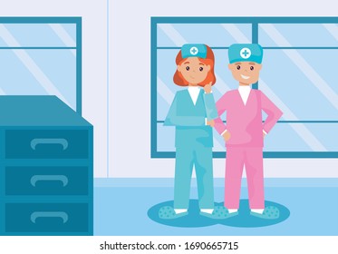 man and woman nurses vector illustration card design