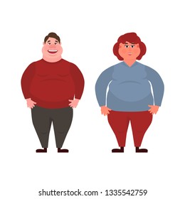 A man and a woman with obesity. Unhealthy Lifestyle. Incorrect food. Concept Health problems of fast food. Vector illustration.