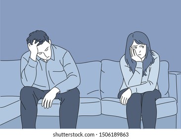 Man and woman are offended and sitting on the couch. hand drawn style vector design illustrations. 