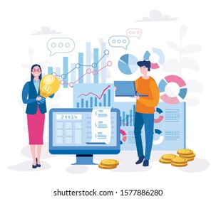 Man and woman offering financial audit, online service. Analyzing financial reports, Vector illustration for web banner, infographics, mobile. Business solution. Investment expertise,