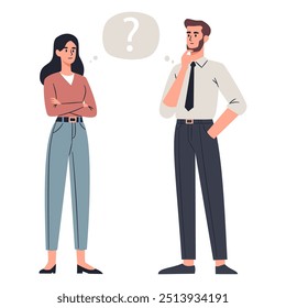 Man and woman in office clothes thinking about a question, flat vector illustration, white background 