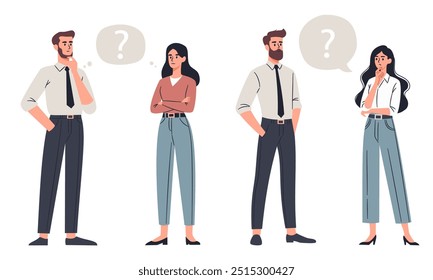 Man and woman in office clothes thinking about a question, flat vector illustration, white background 