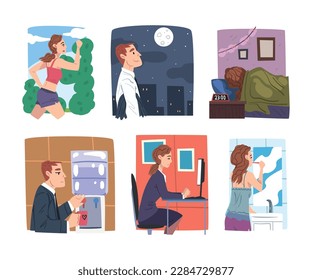 Man and Woman Office Employee Day Routine Scene Vector Set