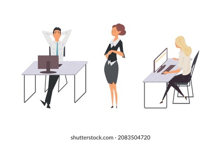 Man and Woman Office Employee at Desk with Computer Working Vector Set
