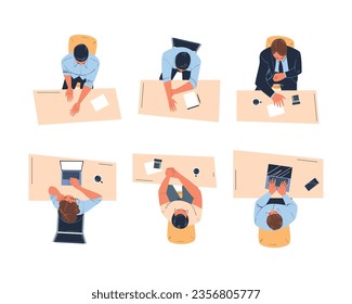 Man and Woman Office Employee Sitting at Table as Workplace Top View Vector Set