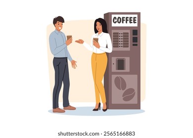 Man and woman office employees are flirting standing at coffee machine, taking break from work. Positive cells discussing latest corporate news and drinking drink to restore energy