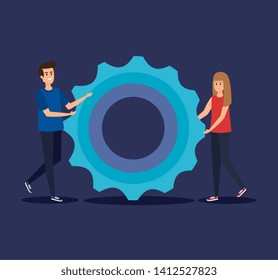 man and woman with office gear information