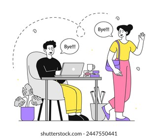 Man and woman in office say bye simple. Man and woman with laptop. Good relations between colleagues. Work day ending. Linear flat vector illustration isolated on white background