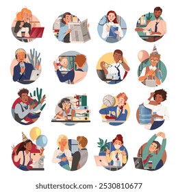 Man and Woman Office Staff Character at Workplace Vector Set