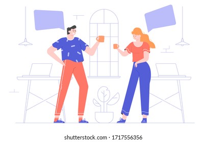 A man and a woman in the office are standing with mugs. Coffee break. Colleagues are chatting. Teamwork concept. Vector flat illustration. 