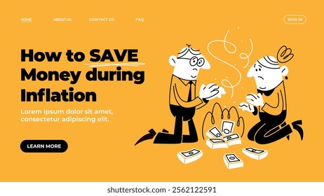 A man and a woman in office suits are burning money because of increased inflation. World economic crisis. Currency depreciation. Template of web banner and landing page. Doodle vector illustration.