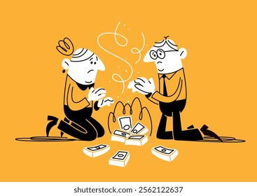 A man and a woman in office suits are burning money because of increased inflation. World economic crisis. Currency depreciation. Doodle vector illustration.