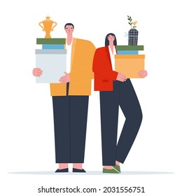 Man and woman in office suits standing with boxes and folders on white background. Flat vector illustration of people