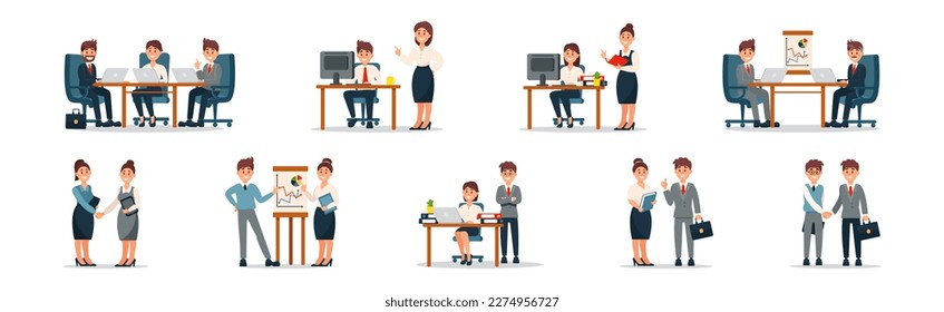 Man and Woman Office Worker and Employee Doing Daily Duty Vector Set