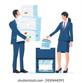 Man and Woman Office Worker Shredding Documents. Shredder Machine And Businessman With Confidential Paper. Woman, Office Device For Destruction Of Documents. Data Protection. Flat Vector Illustration