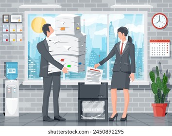 Man and Woman Office Worker Shredding Documents. Shredder Machine And Businessman With Confidential Paper. Woman, Office Device For Destruction Of Documents. Data Protection. Flat Vector Illustration