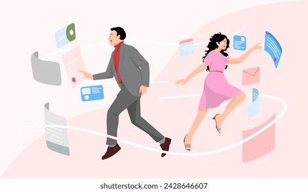 hombre mujer oficinista usando el arte conceptual del sistema, eligiendo la instrucción del panel fluyendo datos