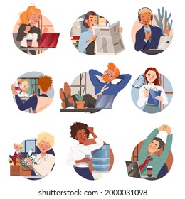 Man and Woman Office Worker at Workspace Performing Duties Circle Composition Vector Set