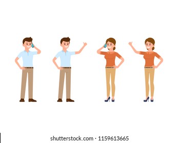 Man and woman office workers cartoon character. Male and female use phone and thumb up