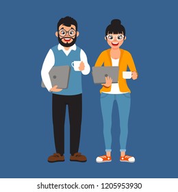 man and woman office workers with laptops, big black eyes, black hair, Asian, Arab, Latino, Caucasian, cartoon design, vector illustration (set 5/8)