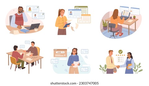 Man and woman office workers with list of job applicants. Choice of worker or personnel, staff recruitment or employee hiring. Flat cartoon vector illustration. Recruiter and candidates resume cv