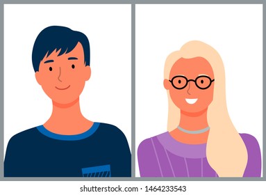 Man and woman office workers portrait view. Vector isolated faces of cartoon characters, online consultant or support centre employees, business people. Flat cartoon